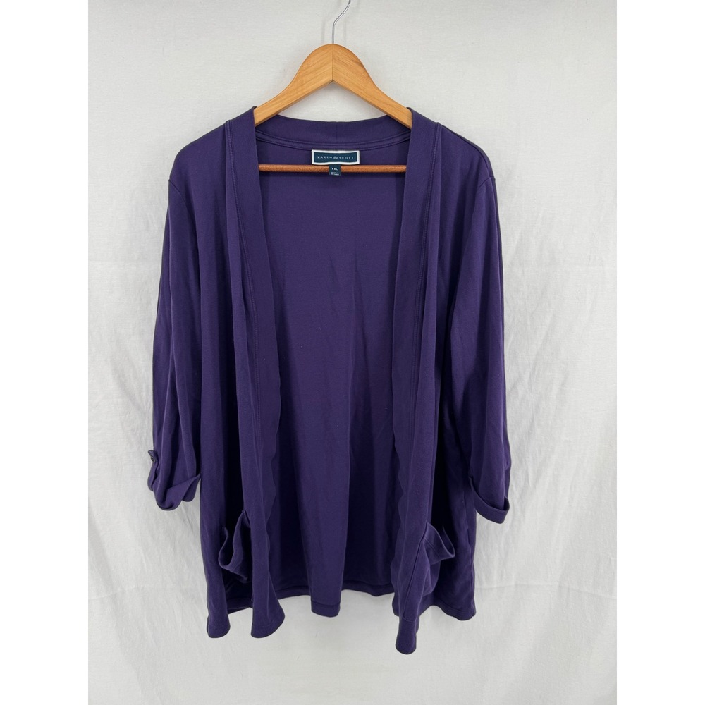 Karen Scott Purple Cotton Open Front Cardigan XXL 3/4 Roll Tab Sleeve Pocket